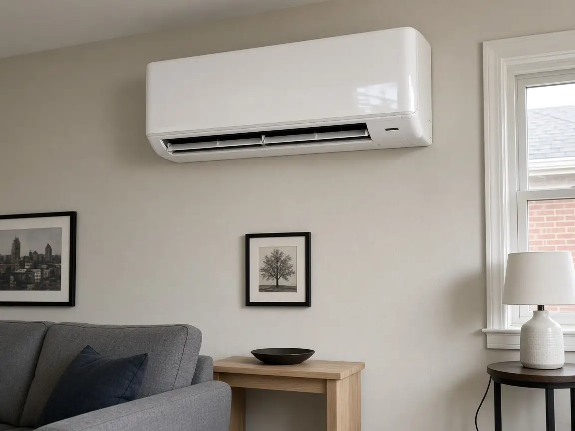 Ductless mini split indoor head mounted high on an interior wall