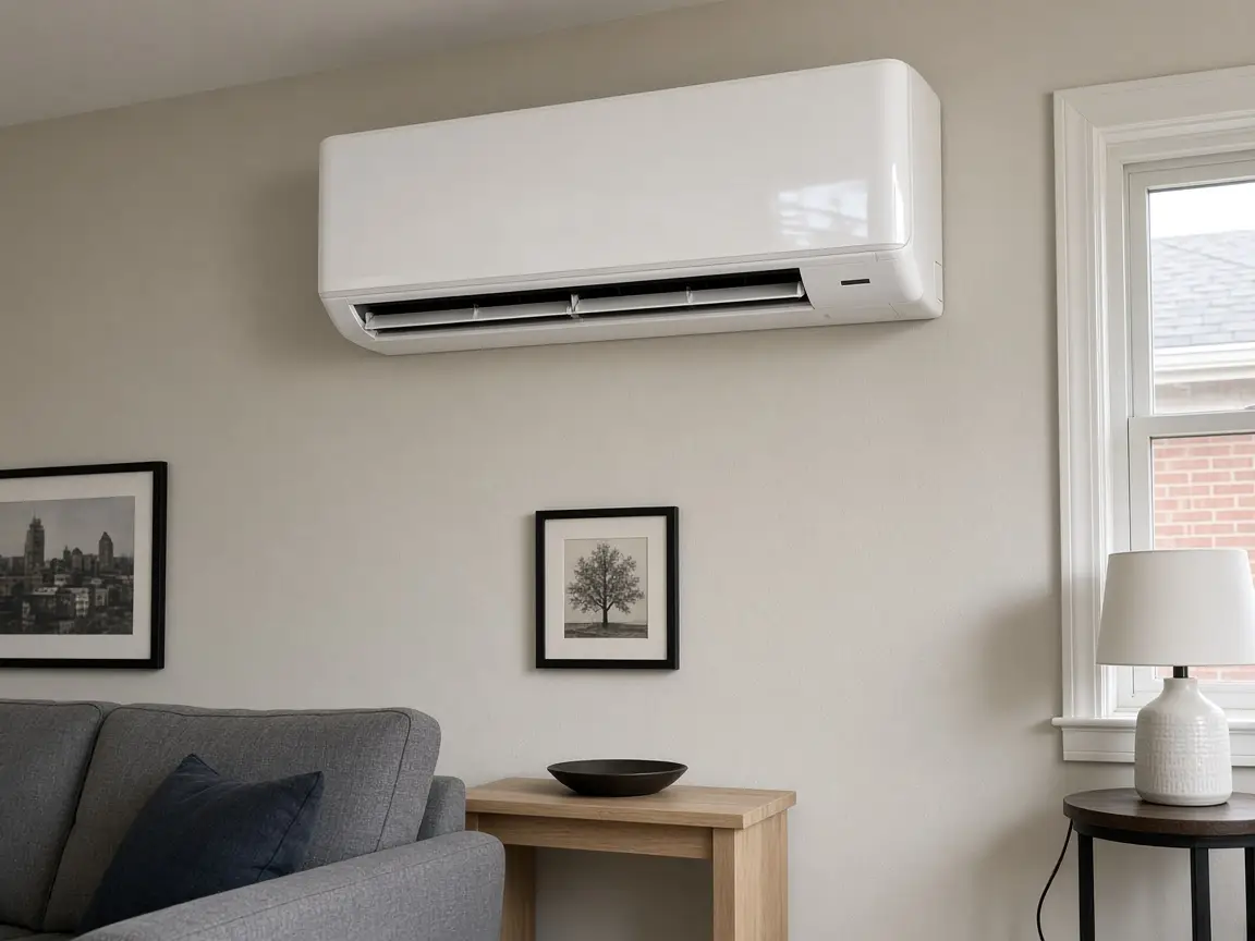 Ductless mini split indoor wall head mounted high on a room wall
