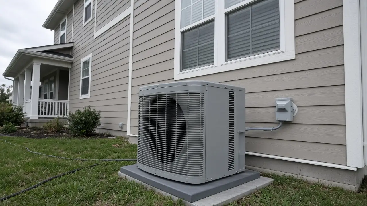 Air source heat pump outdoor unit installed beside a home
